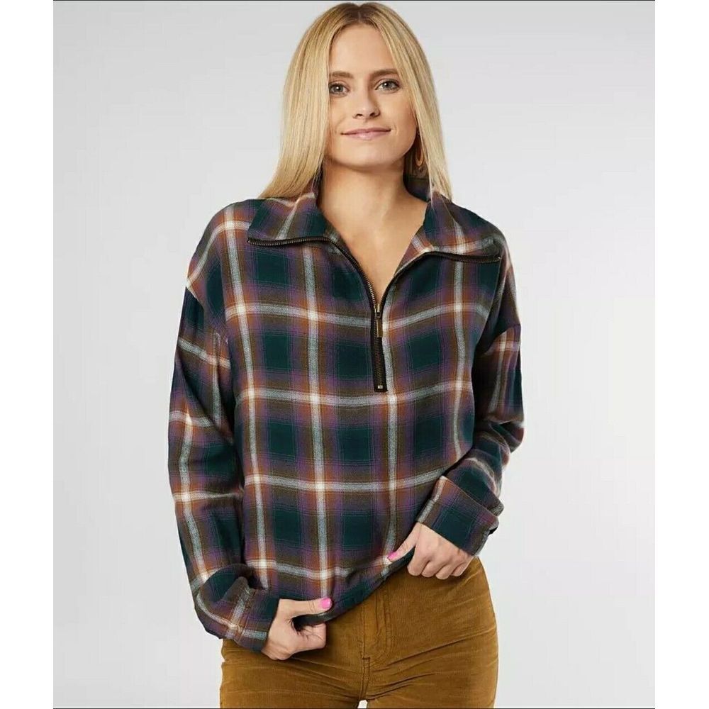 BKE Half Zip Flannel Pullover Top Womens Size M Elastic Waist And Cuffs